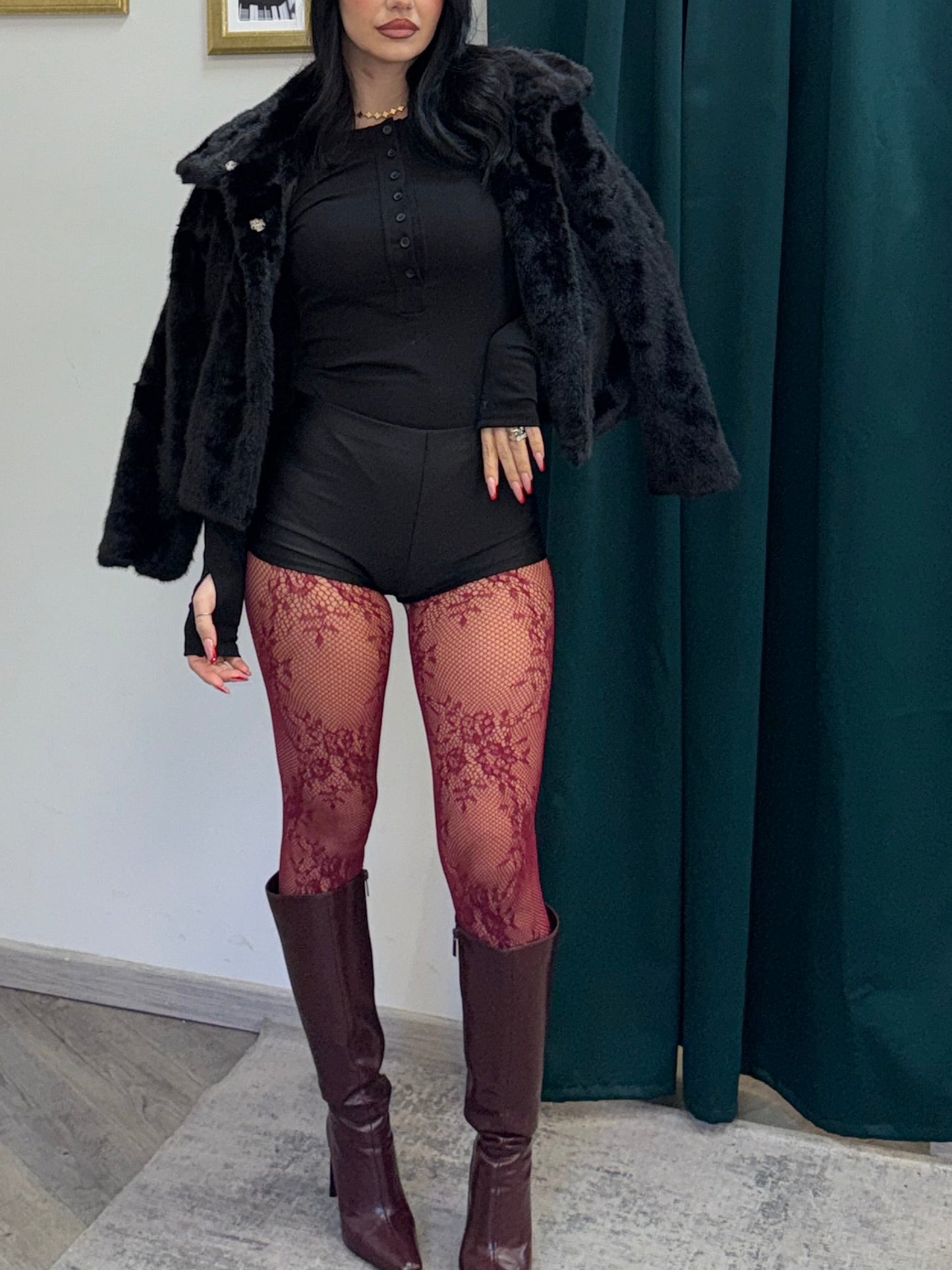 Calza bordeaux pizzo